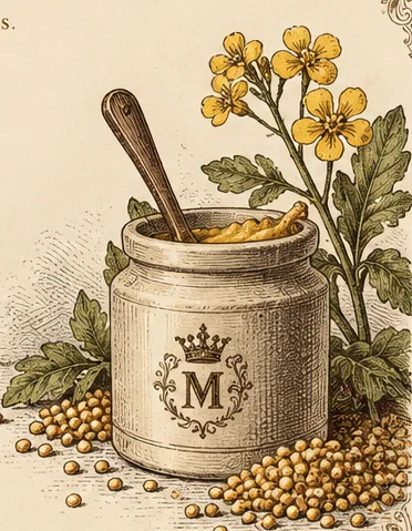 Victorian illustration of mustard crock, seeds and yellow flowers