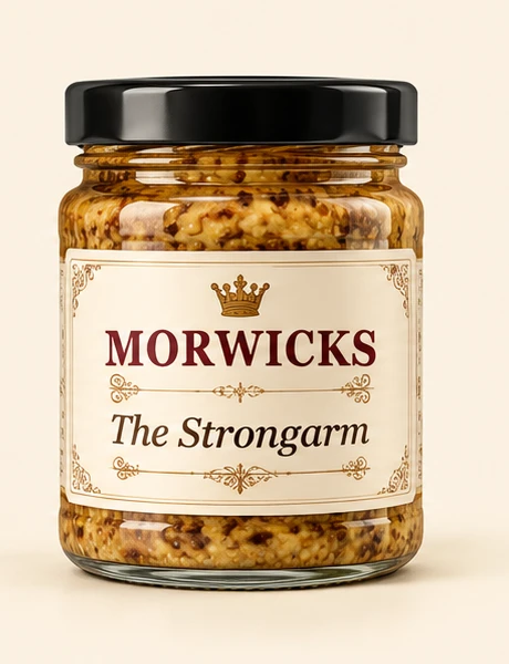 Concept jar of Morwicks The Strongarm whole-grain beer mustard